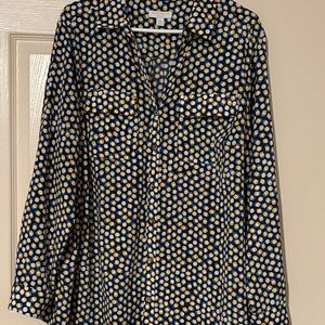 Charter Club Navy Button-Up Blouse with Yellow & White Dot Print
